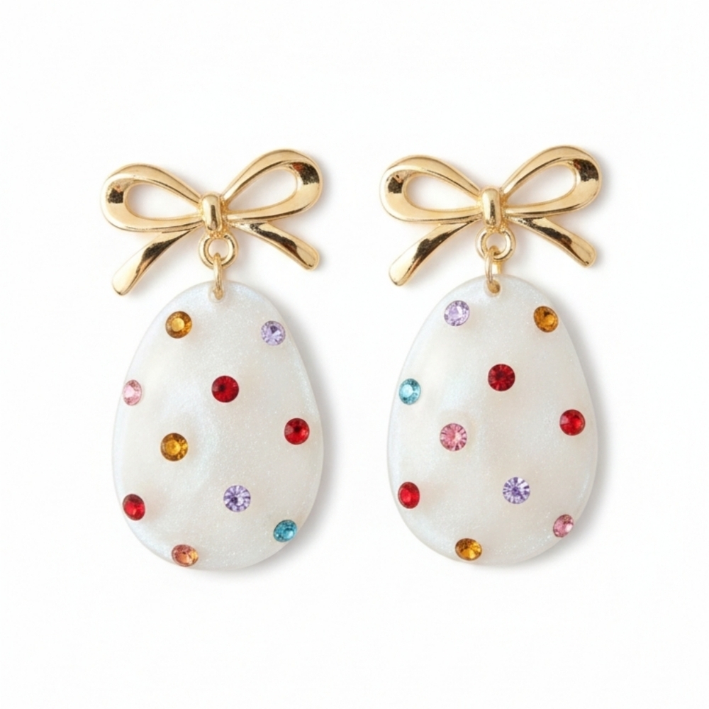🆕️ Easter Shimmery Gold Bow and Gemstone Egg Earrings Large NWOT